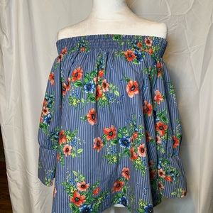 Ripe Brand Blouse Women’s Size L Off Shoulder Striped Flowers Bow In Back   W137